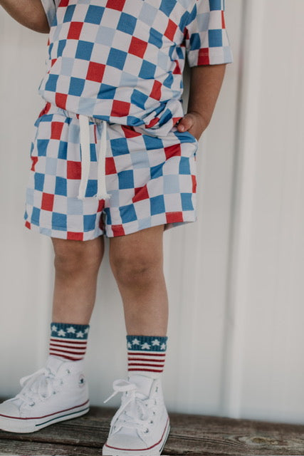 Checker- Red white + Blue bamboo set