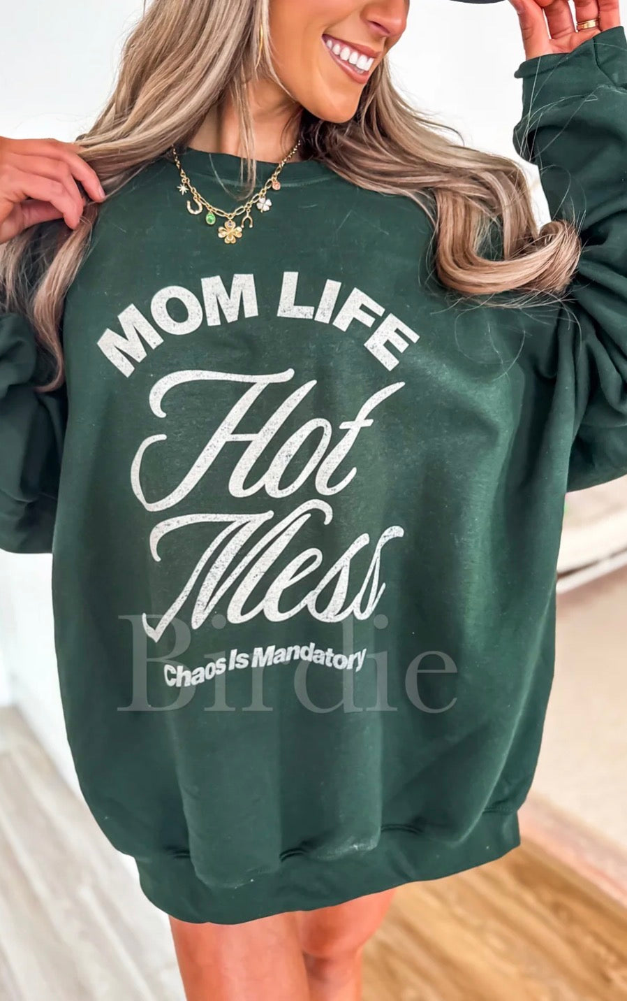 Mom Life Hot Mess Graphic Crewneck on Forest Green