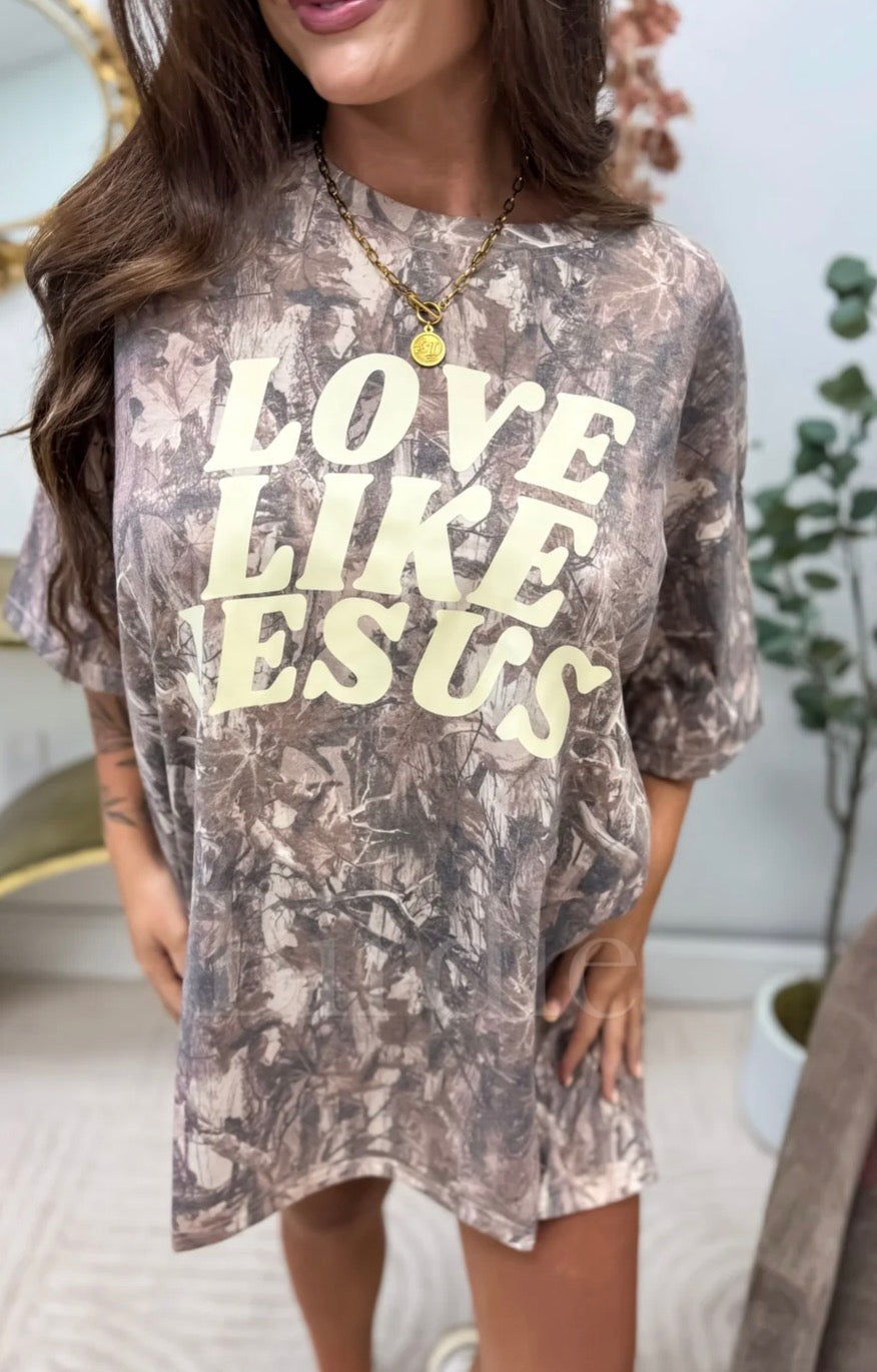 BIRDIE Love Like Jesus Graphic on Dark Camo Tee