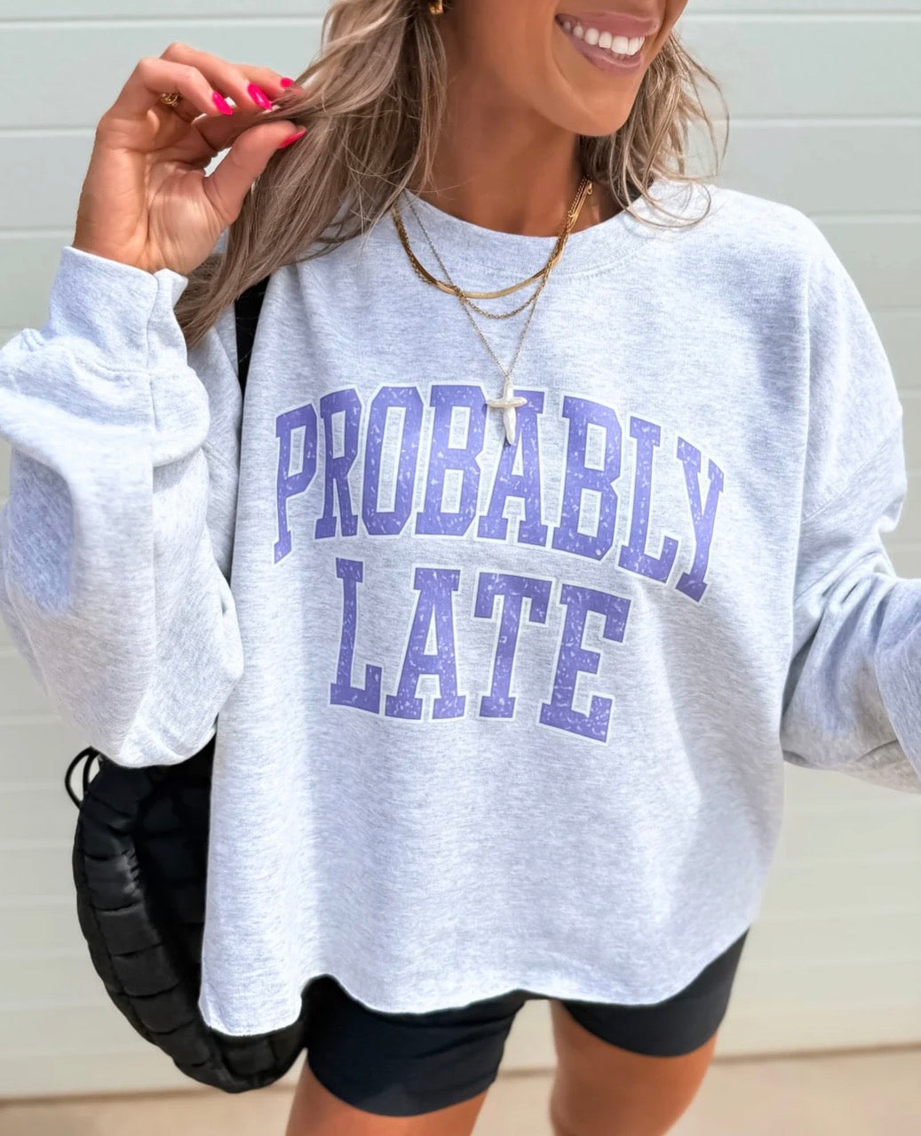 Probably Late CROPPED Graphic Crewneck on Ash Gray
