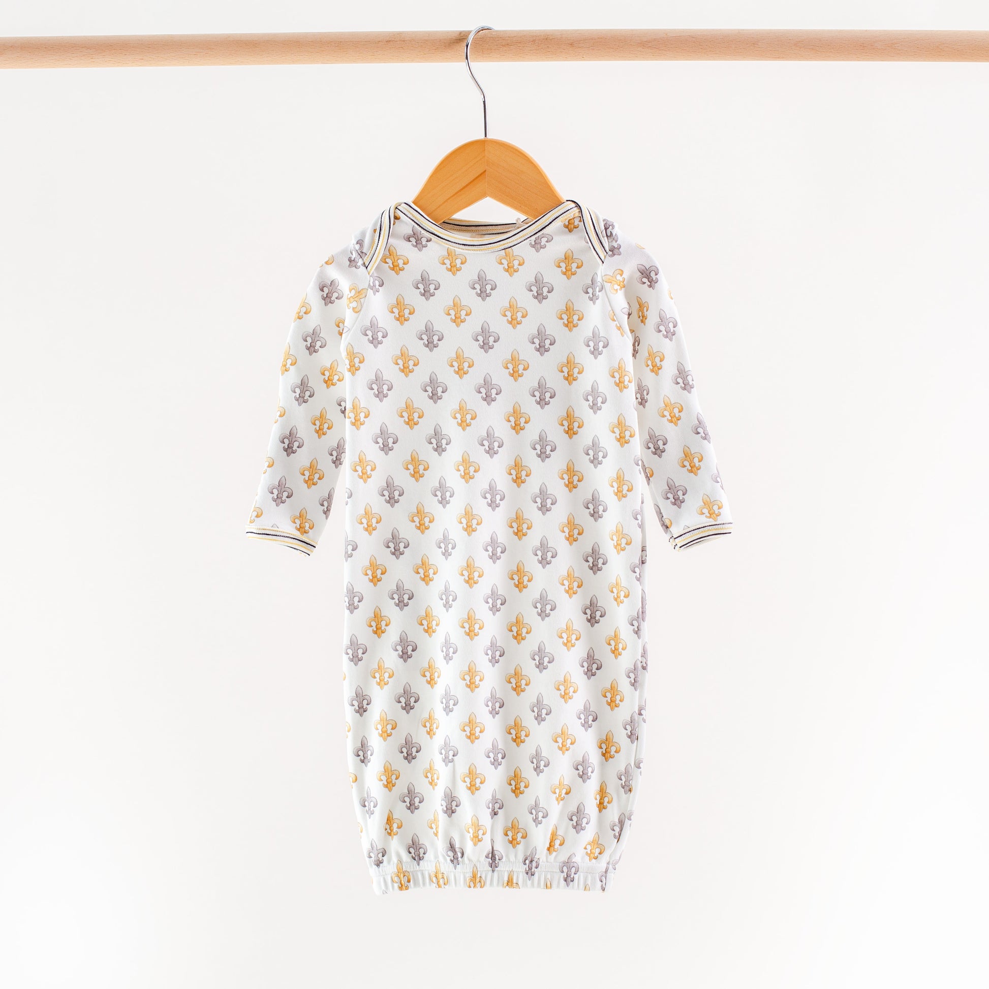 Black and Gold Fleur de Lis Organic Cotton Kids Pajamas (Stripe Trim)